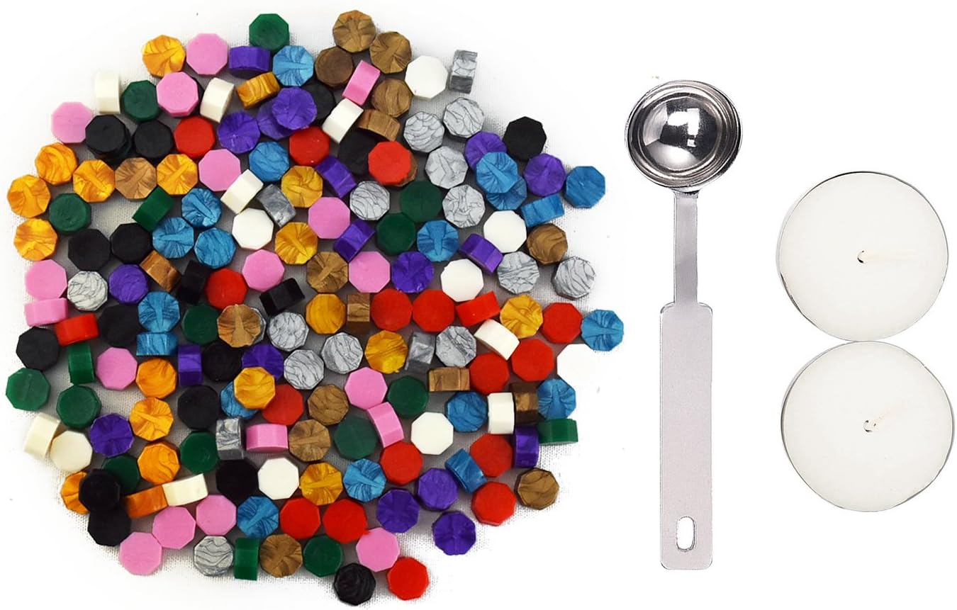 Esnow 180 Pieces European Retro Sealing Wax Beads with 1 Piece Wax Melting Spoon and 2 Pieces Candles 10 Colors