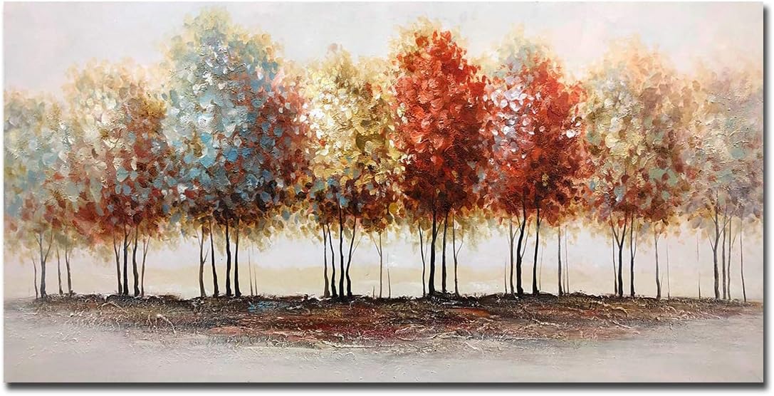 Paintings - Tiancheng Art, 24x48 Inch Modern Abstract Oil Hand Paintings Tree Art 3D Hand-Painted Living Room And Bedroom Wooden Frame Ornaments Canvas Acrylic Wall Art Colorful Forest Home Hanging Decoration