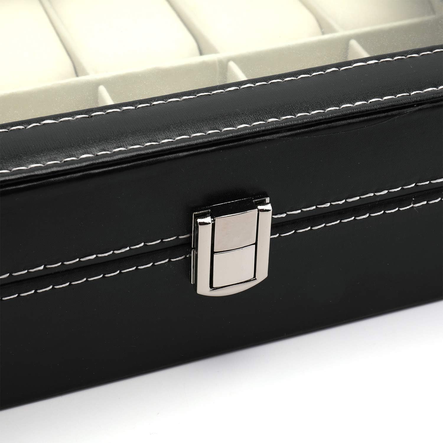 Hedume 12 Slot Leather Watch Box Display Case Organizer with Framed Glass Lid Elegant Contrast and Removable Pillow for Men and Women Watch and Jewelry Large Holder Boxes: Home Improvement