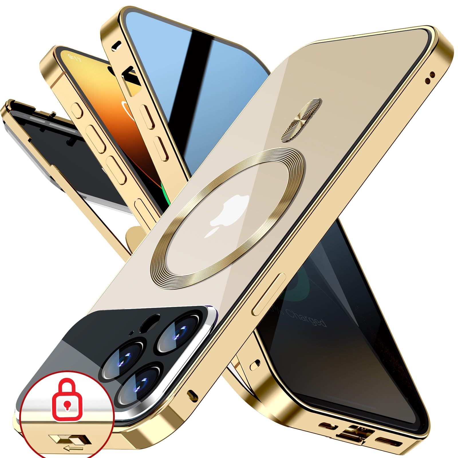 Photo 1 of [Full Camera Protection& Mechanical Lock]Magnetic Privacy Case for iPhone 14 Pro Max[Compatible with MagSafe][CD Metal Ring]Full Body Shockproof Metal Bumper, 9H Anti Peeping Glass Cover-Gold