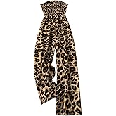 Floerns Women's Cheetah Print Strapless Tube Shirred Sleeveless Wide Leg Romper Jumpsuit