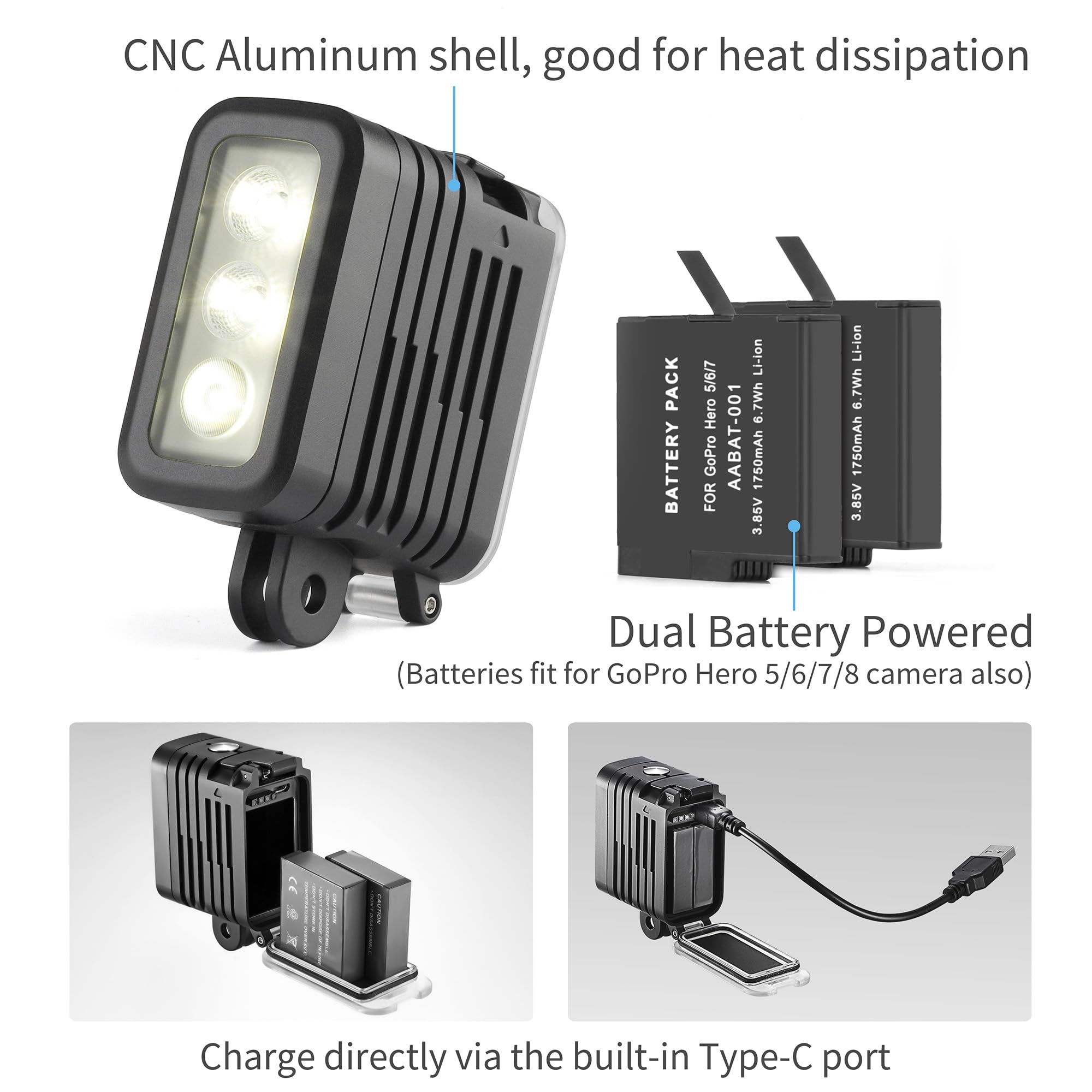SOONSUN Rechargeable Diving Light - 450 Lumens High Power LED Video Light, Waterproof 164ft, Dimmable Underwater Fill Light for GoPro Hero 13/12/11/10/9/8/7/6/5/4/3+/3, DJI Osmo Action 4 5 Pro Camera