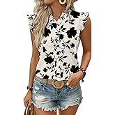 Astylish Womens 2026 Floral Chiffon Blouses V Neck Ruffle Sleeve Fitted Tops Boho Chic Tank Shirts