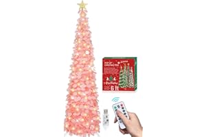 HMASYO 6 FT Pop Up Christmas Tree with 100 LED Lights & Remote, Pink Christmas Tinsel Tree, Collapsible Artificial Pencil Tree for Home Office Party Decor, USB Powered Timer Lights, Easy Assembly
