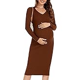 WANTROY Maternity Dress Long Sleeve V Neck Knit Stretchable Sweater Dresses Pregnancy Clothes for Photoshoot Baby Shower