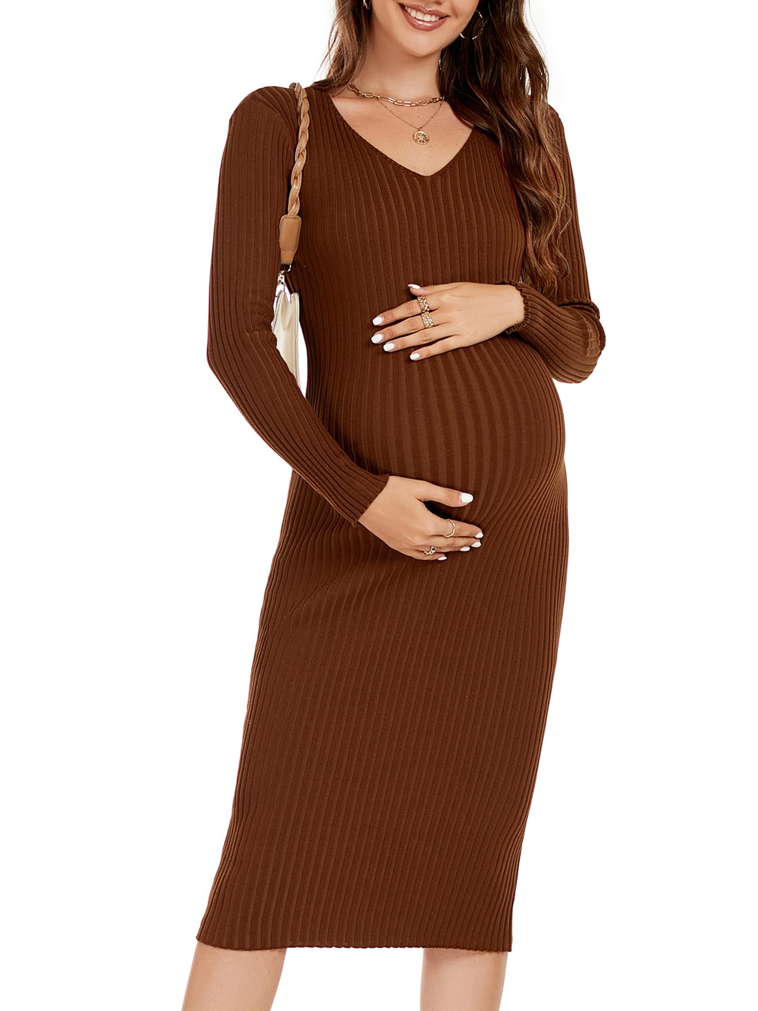 Photo 1 of WANTROY Maternity Dress Long Sleeve V Neck Knit Stretchable Sweater Dresses Pregnancy Clothes for Photoshoot Baby Shower Caramel