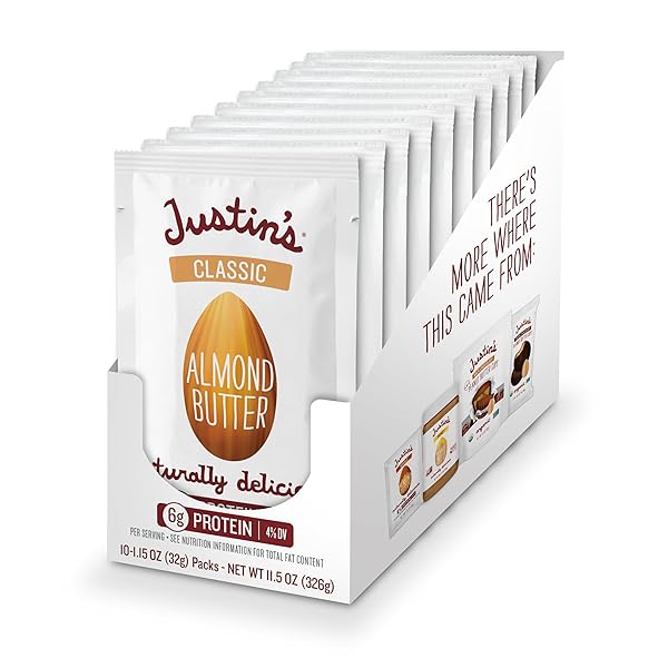 JUSTIN’S CLASSIC GLUTEN-FREE ALMOND BUTTER SQUEEZE PACKS, 1.15 OUNCE (PACK OF 10)