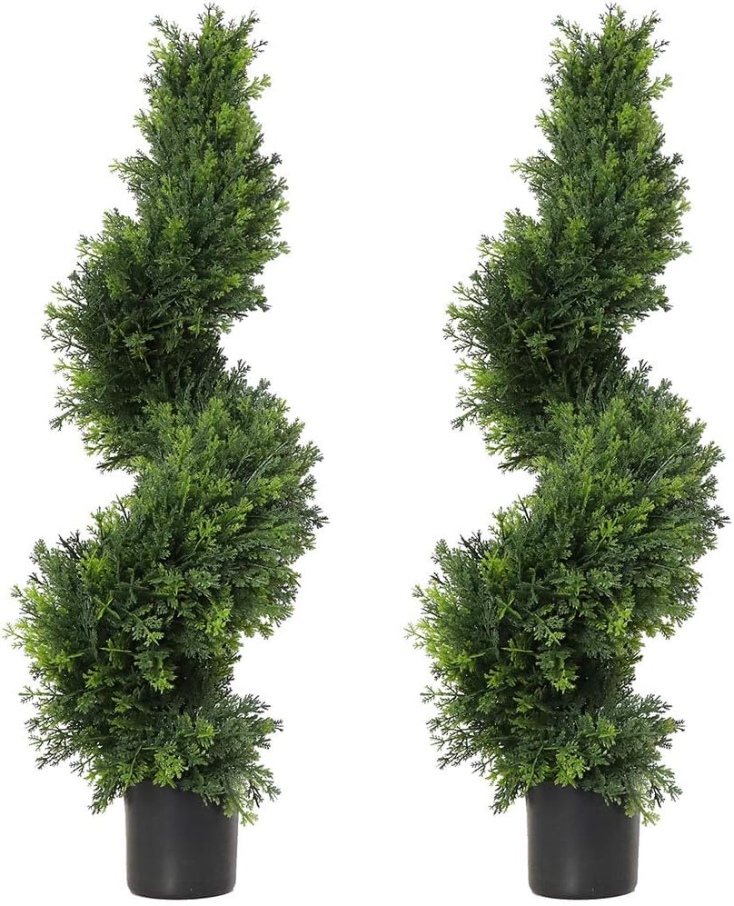3ft Topiary Trees Artificial Plants Green Spiral Cypress Tree Potted Fake Plant Greenery for Decorative Indoor or Outdoor（35inch） (2 Pieces) -