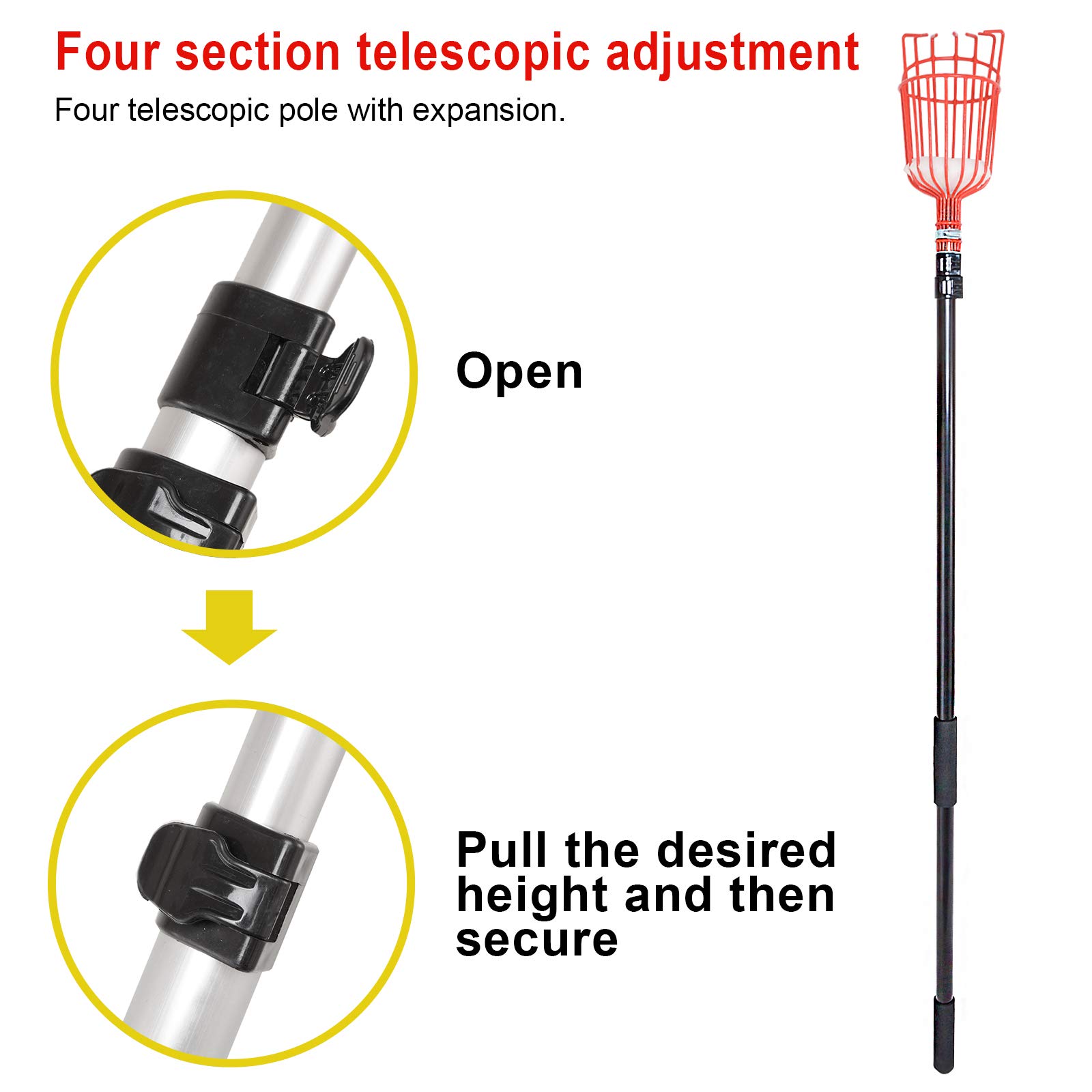 Voilamart Obstpflücker mit Teleskopstange,4 m Verstellbarer Erntehelfer Obsternte Obstgreifer Apfelpflücker für Obsternte Garten Apfel Birne Pfirsich Werkzeuge,Leicht Schwarz Aluminiumlegierung