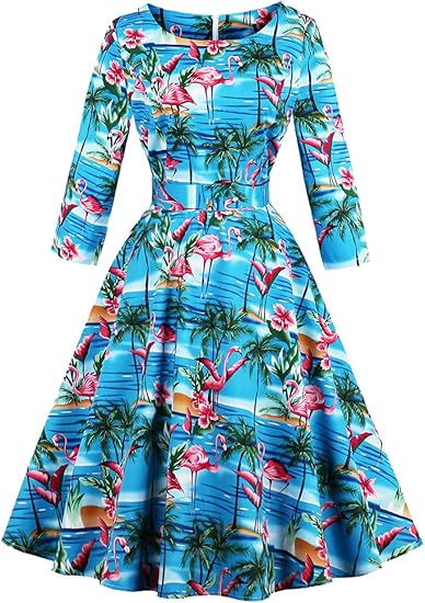 Amazon レディース ワンピース ワンピースカクテル ドレス フラミンゴ ひまわり パターン レトロ ワンピース チュニック 通販