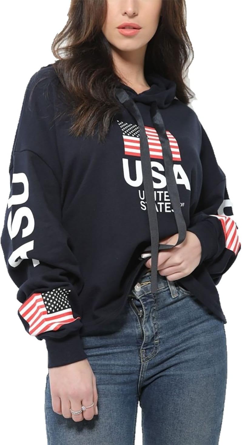 Islander Fashions Womens Long Sleeve USA Flag United States Printed Hoodie Ladies Fancy Over Sized Hooded Hoodie Top S/L