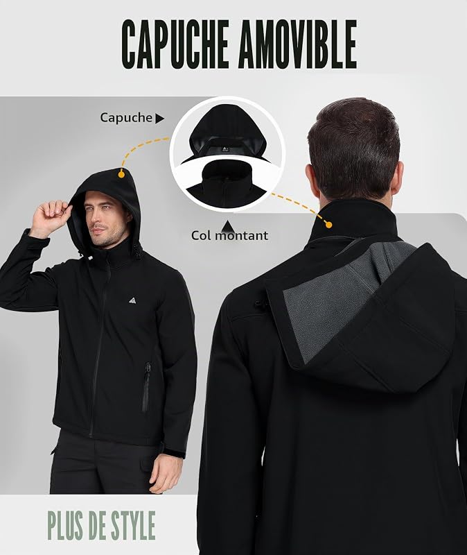Veste Softshell Hommes Imperméable Coupe-vent Veste Hiver Manteau Doublée Polaire à Capuche Outdoor Blouson Mi Saison pour Randonnée Camping Travail Pêche Noir XL — photo 3 sur 6
