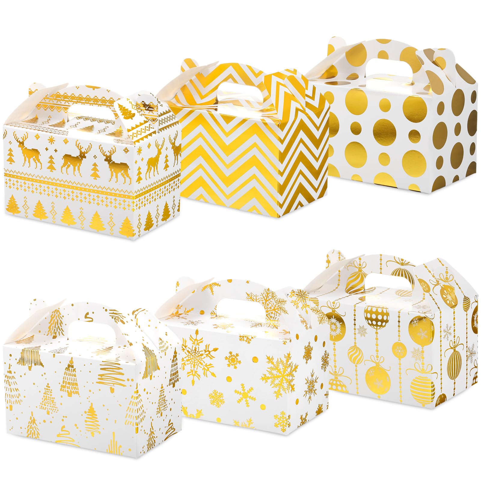 Faccito 24 Pack Christmas Treat Boxes Xmas Cardboard Gable Goody Candy Cookie Boxes Foil Gift with Handles for Gift Wrapping Holiday Party Favor Present Supplies, 6 Designs(Gold)