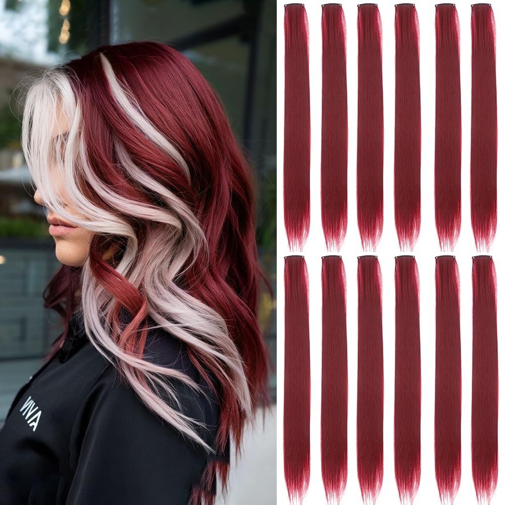 Photo 1 of 12 Pcs Burgundy hair extensions 22 Inch Straight colored hair colorful clip in extensions Highlight Party for Kids Girls and Women Gift (Burgundy,37)