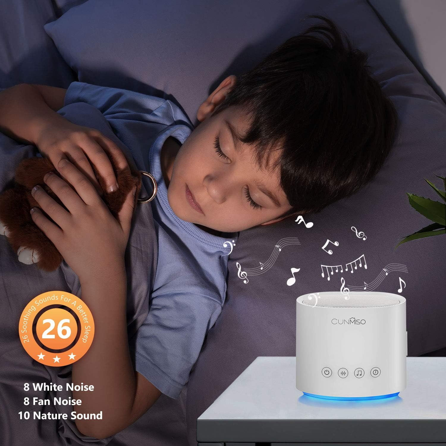 Cunmiso White Noise Machine with Colorful Night Light for Sleeping, 26 Hi-Fi Soothing Sounds with Timer & Memory Feature, Sound Machine for Baby, Kids, Adults, Portable Sleep Machine for Home, Office: Health & Personal Care