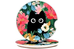 ADASTRAH Cute Black Cat Ceramic Cup Holders Car Coasters Set for Women/Men,Drink Cup Car Holder Coasters with A Finger Notch 2.56" Pack of 2.