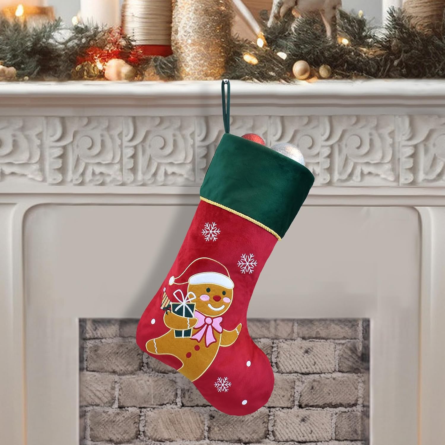 Stockings & Holders - Ugiftcorner Christmas Stockings 1 Pack Red Velvet Christmas Stockings with Green Cuff Large Luxury Lovely Santa Pattern Xmas Stockings for Family Holiday Decorations