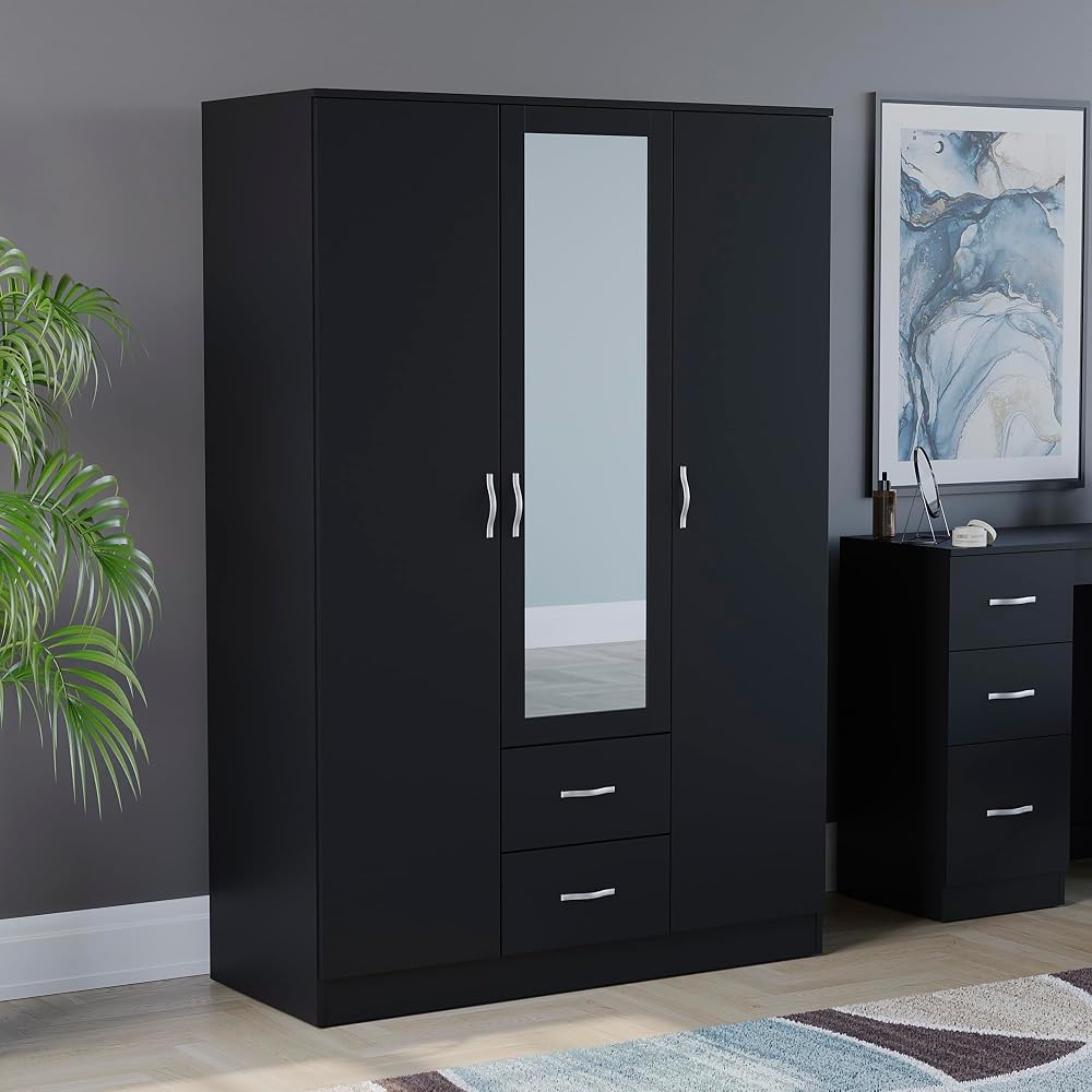 Vida Designs Riano 3 Door Mirrored Wardrobe Black 170H x 115.4W x 53D