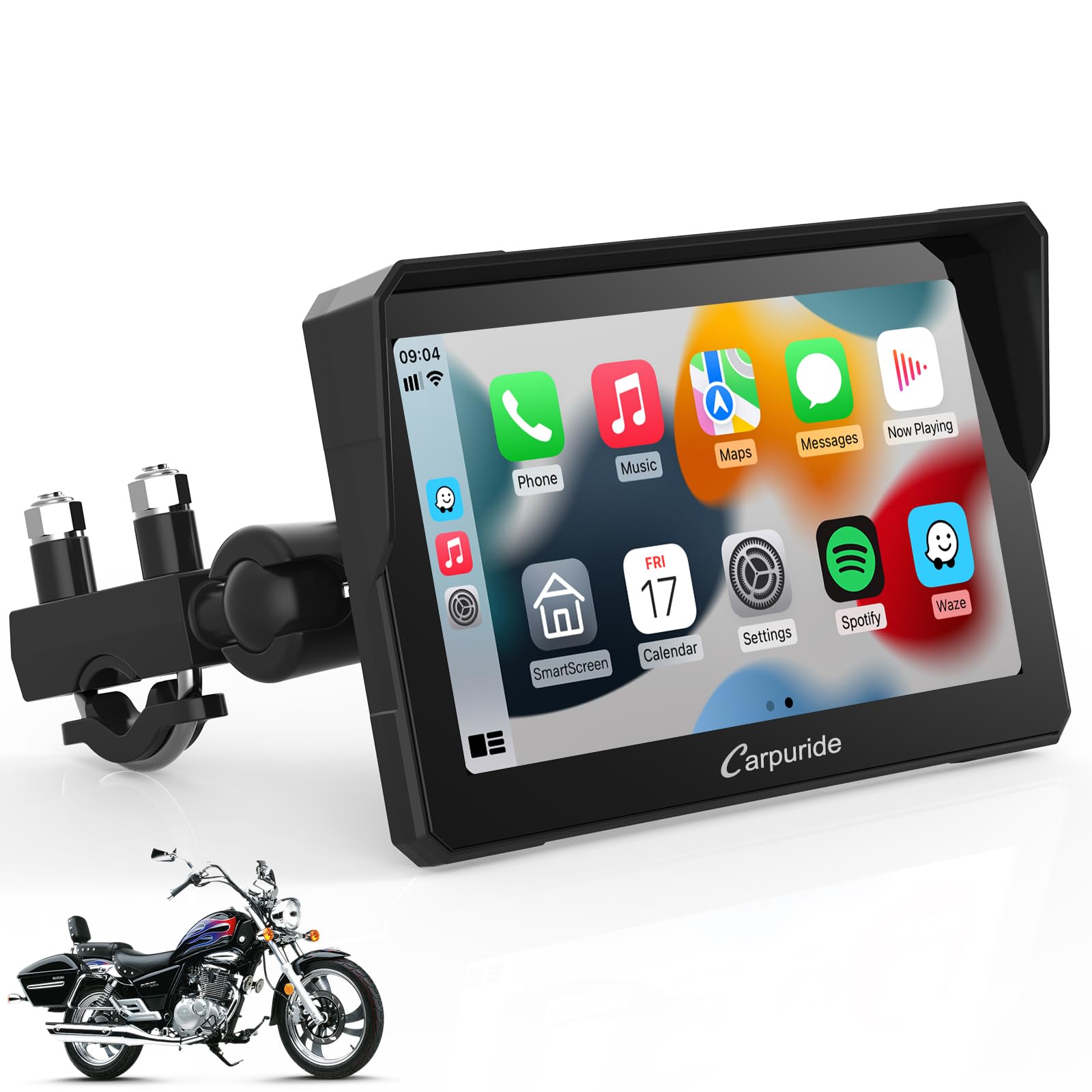 Motorcycle CarPlay Screen Carpuride W702– Wireless CarPlay & Android Auto, 7" HD Waterproof Touchscreen, Dual Bluetooth, GPS Navigation, Universal Motorbike Mount, Siri/G00gle Assistant