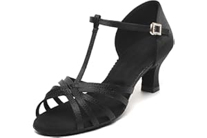 foralod Satin Dance Shoes for Women, Ballroom Dance Shoes Low Heels, Prom Shoes for Woman Dancing, Latin Salsa Dance Heels, Open Toe Ankle T-Strap Sandals, Wedding Dressy Shoes, Suede Sole