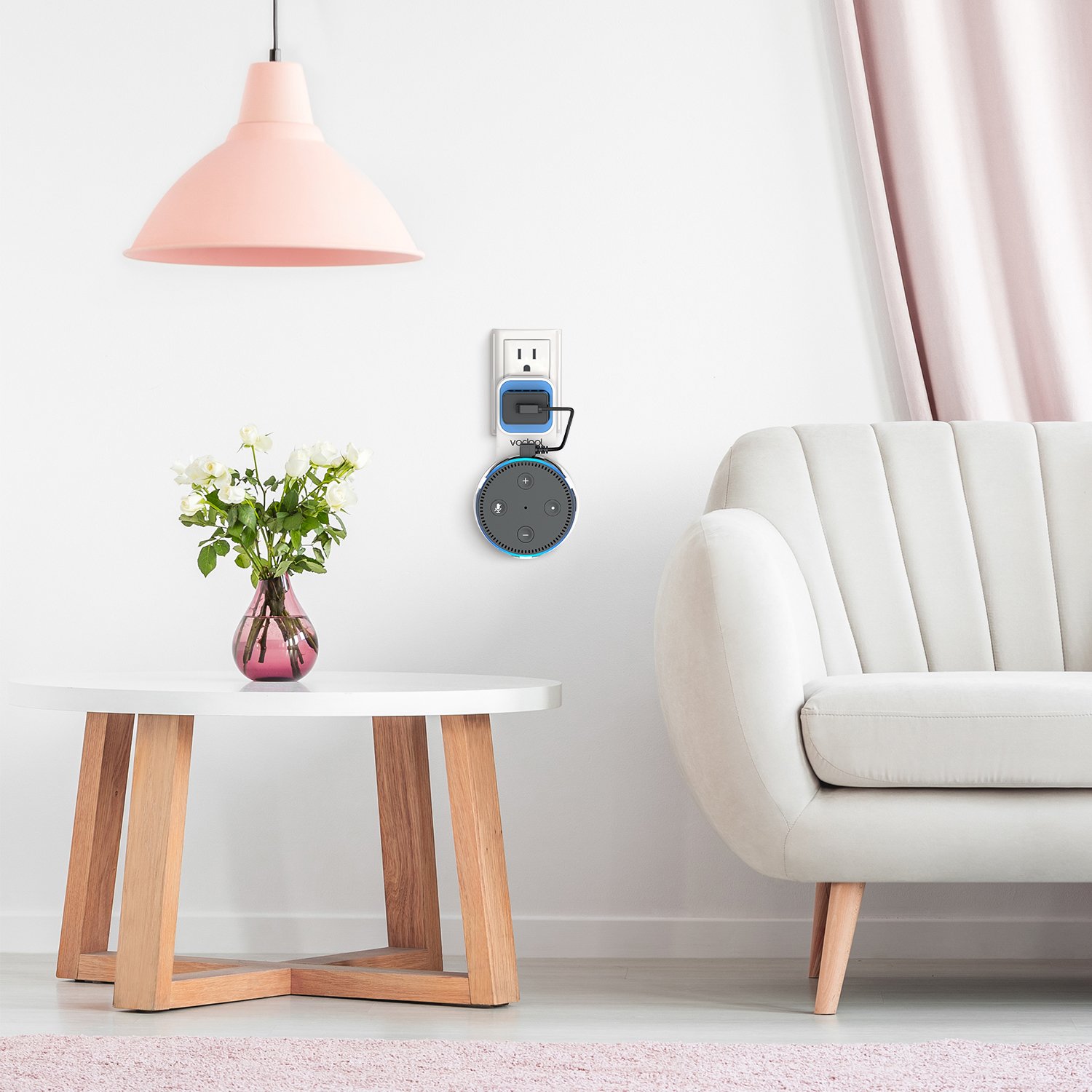 Wall Mount Stand for Echo Dot 2nd Generation, Vodool Hanger Holder Space-Saving Solution for Your Smart Home Speakers without Messy Wires or Screws, Charging Cable Provided - White