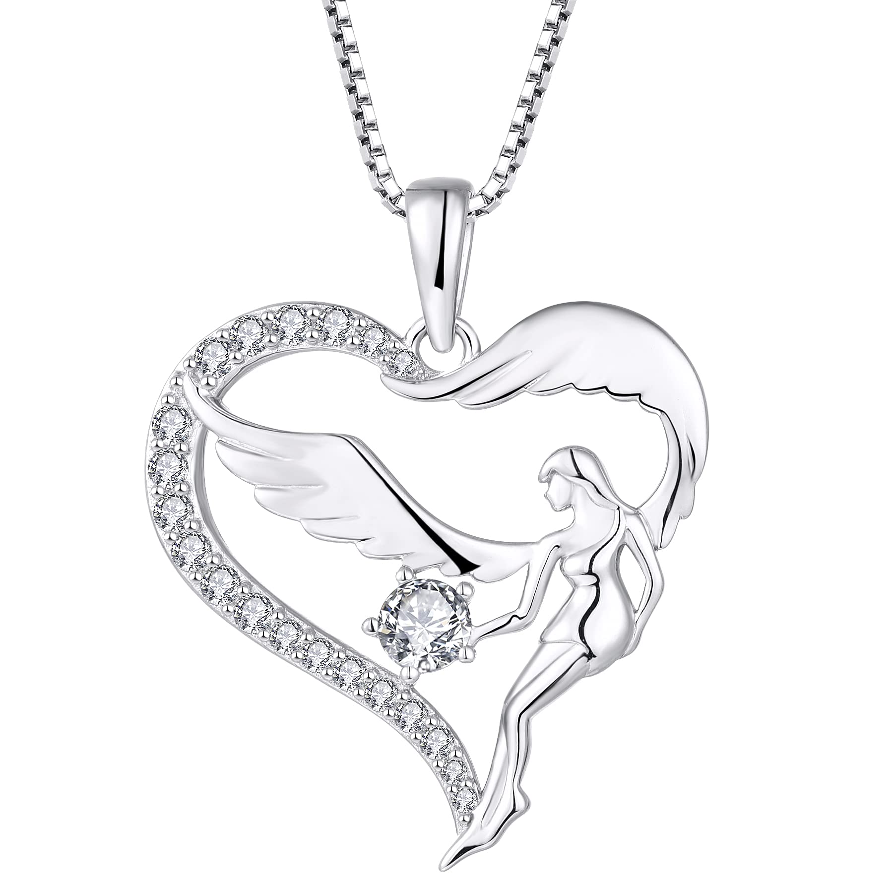 FJ Heart Guardian Angel Necklace 925 Sterling Silver Angel Wing Pendant April Birthstone Necklace Cubic Zirconia Jewellery for Women