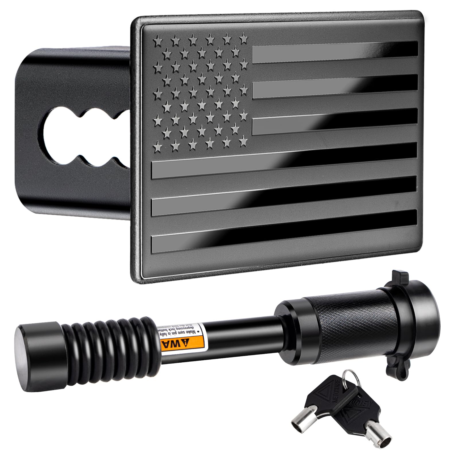 Photo 1 of METOWARE Trailer Hitch Covers, Heavy American Flag Metal Hitch Cover for 2 Inch Receivers, Tow Hitch Covers for Trucks Accessories (with Anti-Rattle 5/8-Inch Diameter Hitch Lock)
