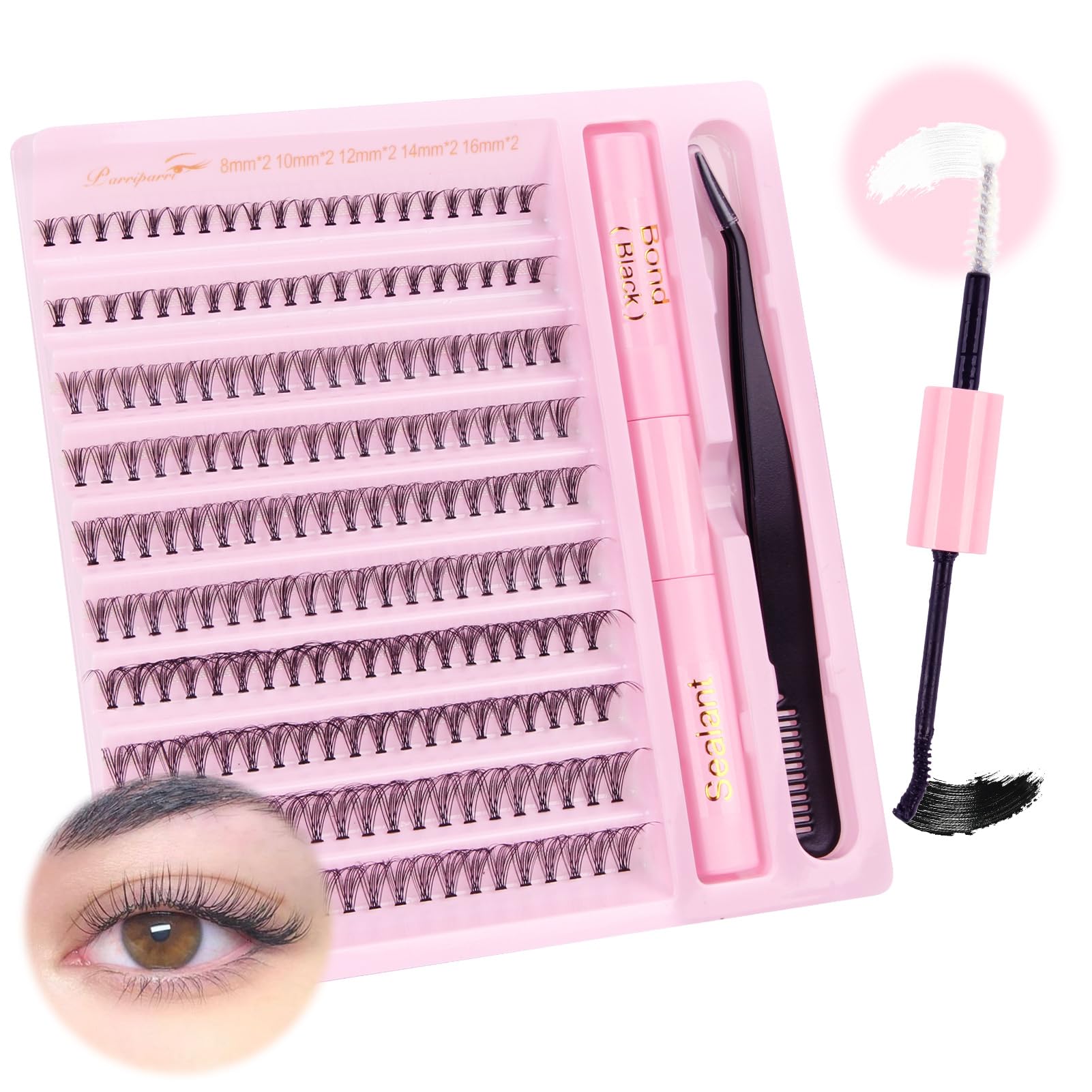 Parriparri Cluster Lashes 20D D Curl Individual Eyeashes Kit with Bond and Seal and Tweezer DIY Eyelashes Extension Reusable Soft Individual Lashes (20D-0.07D-8-16MM Set) — image 1