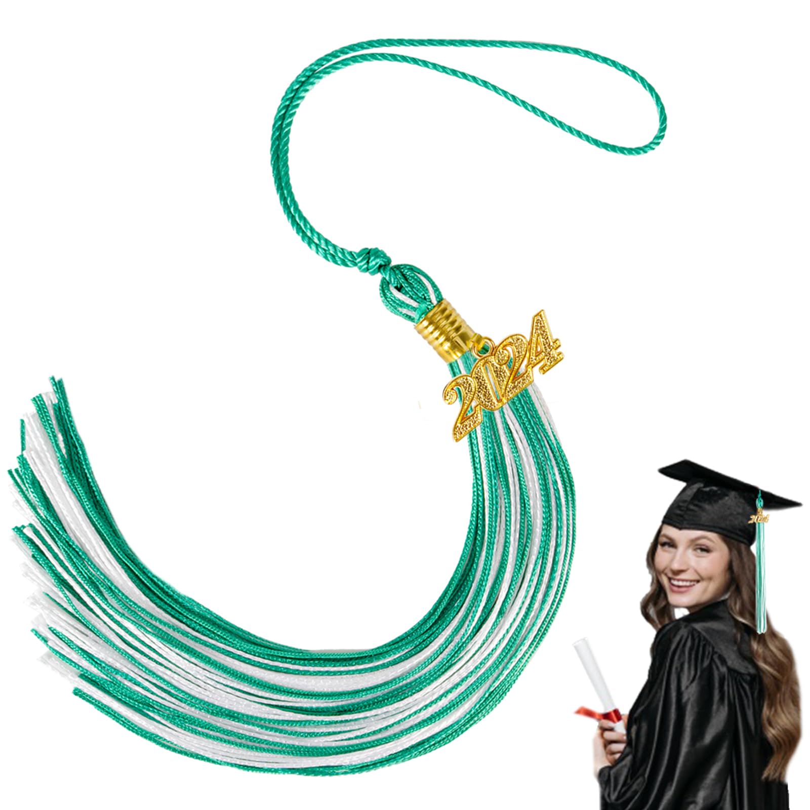 Photo 1 of 2024 Graduation Tassel: Cap Decoration With Class of 2024 Charm, Party Decorations and Graduate Gifts - Green and White x3
