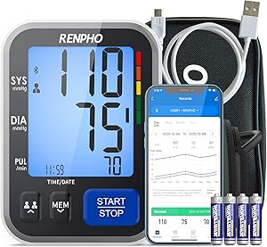 Bluetooth Blood Pressure Monitor, RENPHO Wireless Upper Arm BP Machine for Home Use Large Cuff, Accurate Digital Smart BP Cuffs with Large Display, 2-Users, Free App for iOS Android,Unlimited Memories