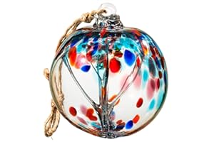 LaElvish Garden 4” Tree of Life Witch Balls, Gazing Balls Hanging Friendship Balls, Hand-Blown Glass Christmas Ornament for Window Outdoor Home Decor, Garden Decoration, Gifts for Women (Teal Blue)
