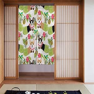 Cortina para puerta de verano, diseño tropical hawaiano, corgis, piña