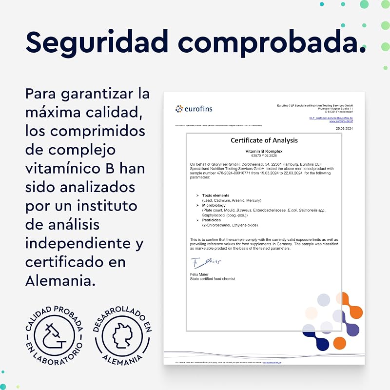Vitamina B Complex - Alta Dosis con B1, B2, B3, B5, B6, B12 - Con Biotina (B7) y Ácido fólico (B9) - Energía y Vitalidad - Las 7 Vitaminas B en una pastilla - Vegano, Probado en laboratorio — foto 7 de 8