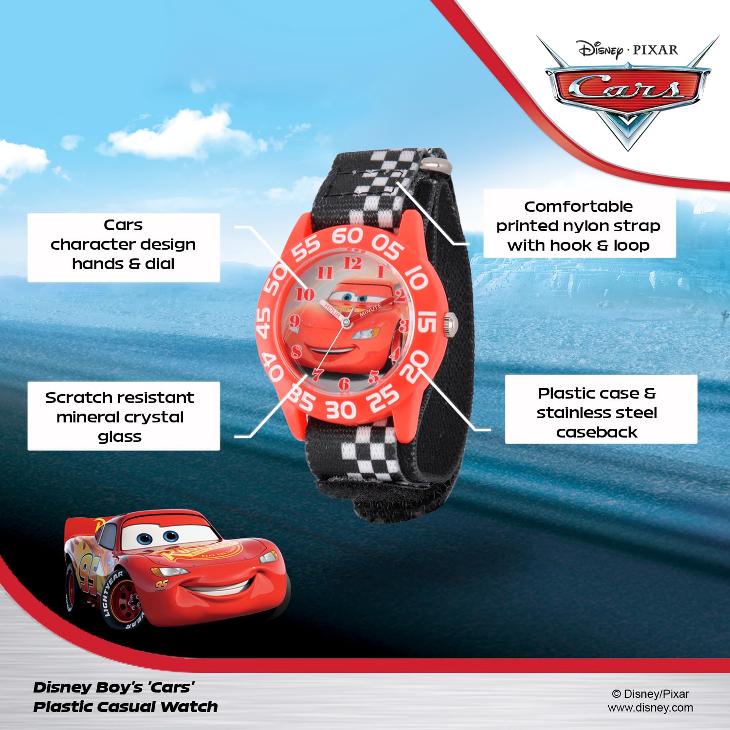 Disney Pixar Cars Lightning McQueen Watch for Kids 3-5, Boys, Toddlers – Analog Cars Watch with White Bezel, 3D Yellow Plastic Strap – Lightning McQueen Watches for Boys, Fun & Colorful Design