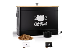 HB DESIGN CO. Cat Food Storage Container with Scoop - 15 lb (50 Cup) Capacity Metal Cat Food Container with Airtight Bamboo Lid & Metal Scoop - Airtight Pet Food Storage Containers - 15 lb Treats & Kibble Container