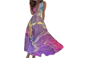 GENERIC Summer Dresses for Women 2024 Deep V Neck Casual Cute Long Dress Elegant Floral Maxi Dresses Sexy Sleeveless Swing Dress
