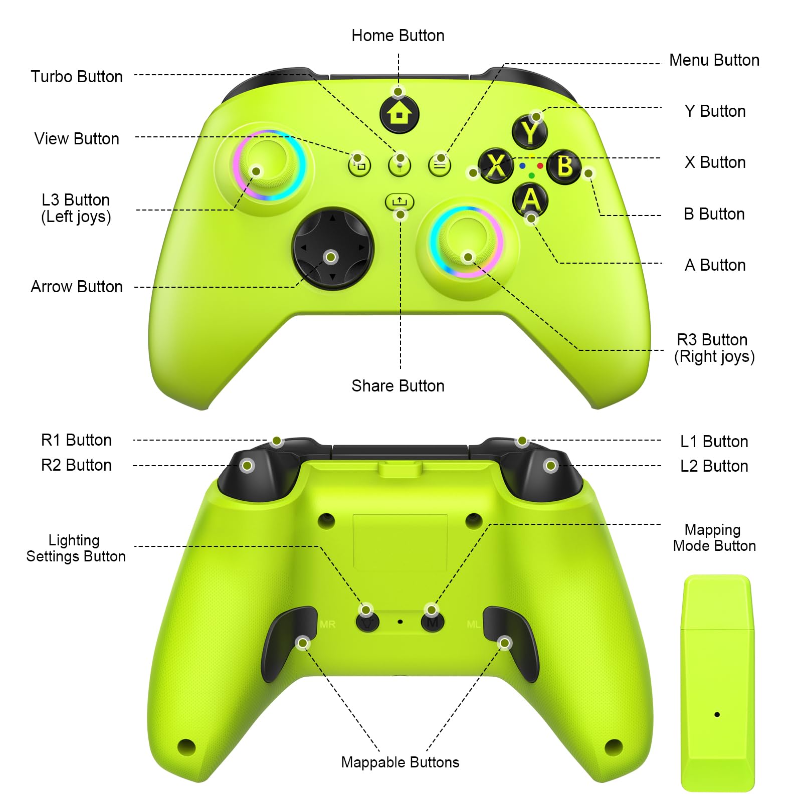 W&O Wireless Controller Compatible With Xbox One, Xbox Series X/S, Xbox One X/S, PC, With RGB LED Light, Mappable Buttons, 3.5mm Headphone Jack, With 2.4GHZ Wireless Adapter Gamepad （Electric Volt）