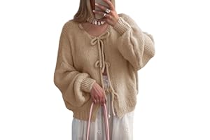 Saodimallsu Womens Tie Front Cardigan Sweaters Cute Bow Puff Long Sleeve 2025 Fall Loose Ribbed Knit Trendy Sweater Tops