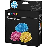 HP 31 Cyan, Magenta, Yellow Ink Bottles (3-Pack) | Works with Smart Tank 5000, 6000, 7000 and Smart Tank Plus 500, 600 Series | 9C228AN