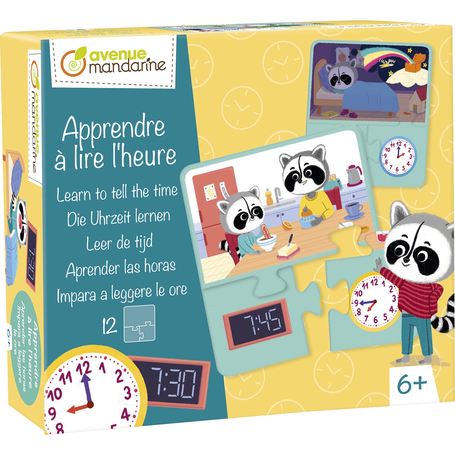 Avenue Mandarine JE531C - An educational box of 10 3-piece puzzles to assemble - From age 6 - Learn to tell the time - Children's Creative and Leisure Activity