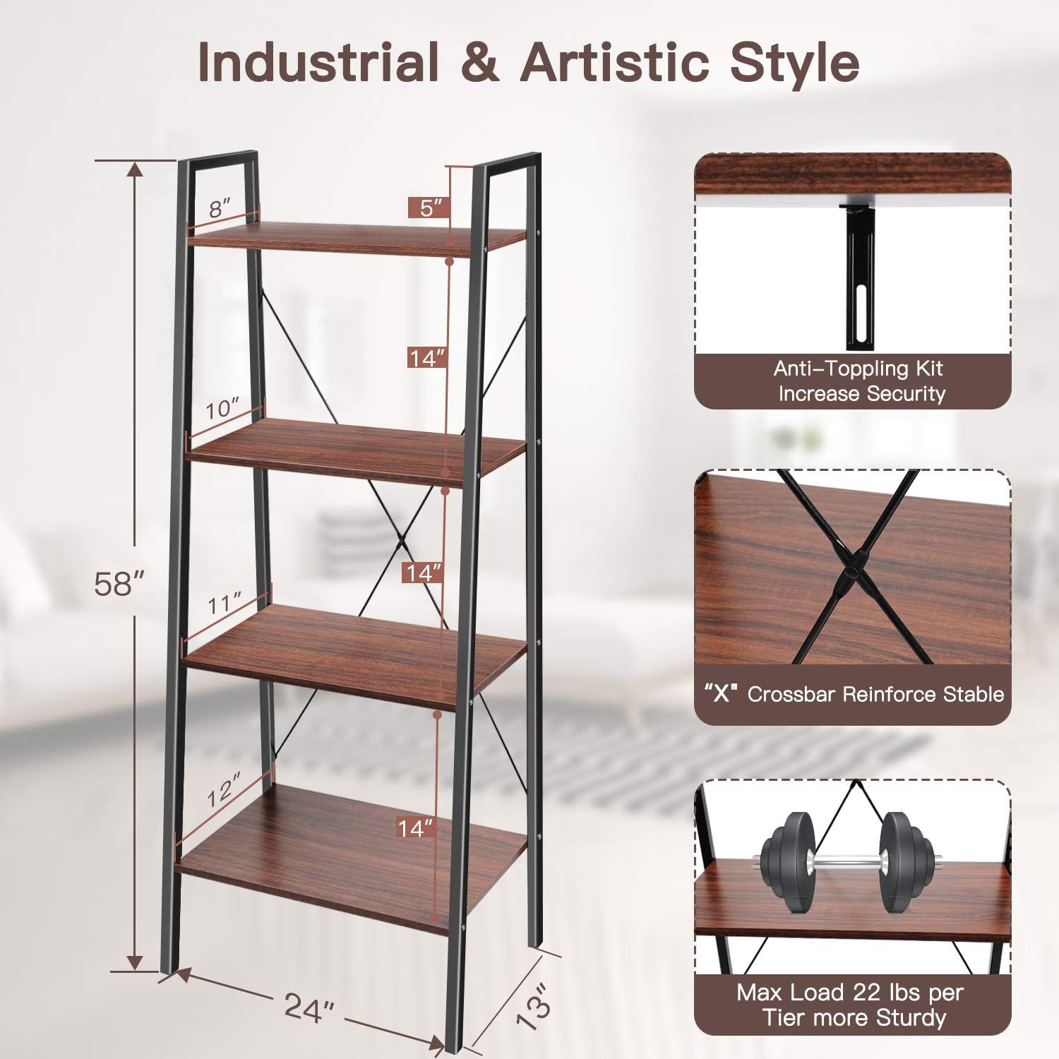 Industrial Ladder Shelf, 4-Tier Bookshelf, Free Standing Bookcase Storage Rack Shelves Plant Flower Stand with Wood Look for Living Room, Bedroom, Kitchen, Bathroom, Home Office, Balcony by Pipishell: Furniture & Decor