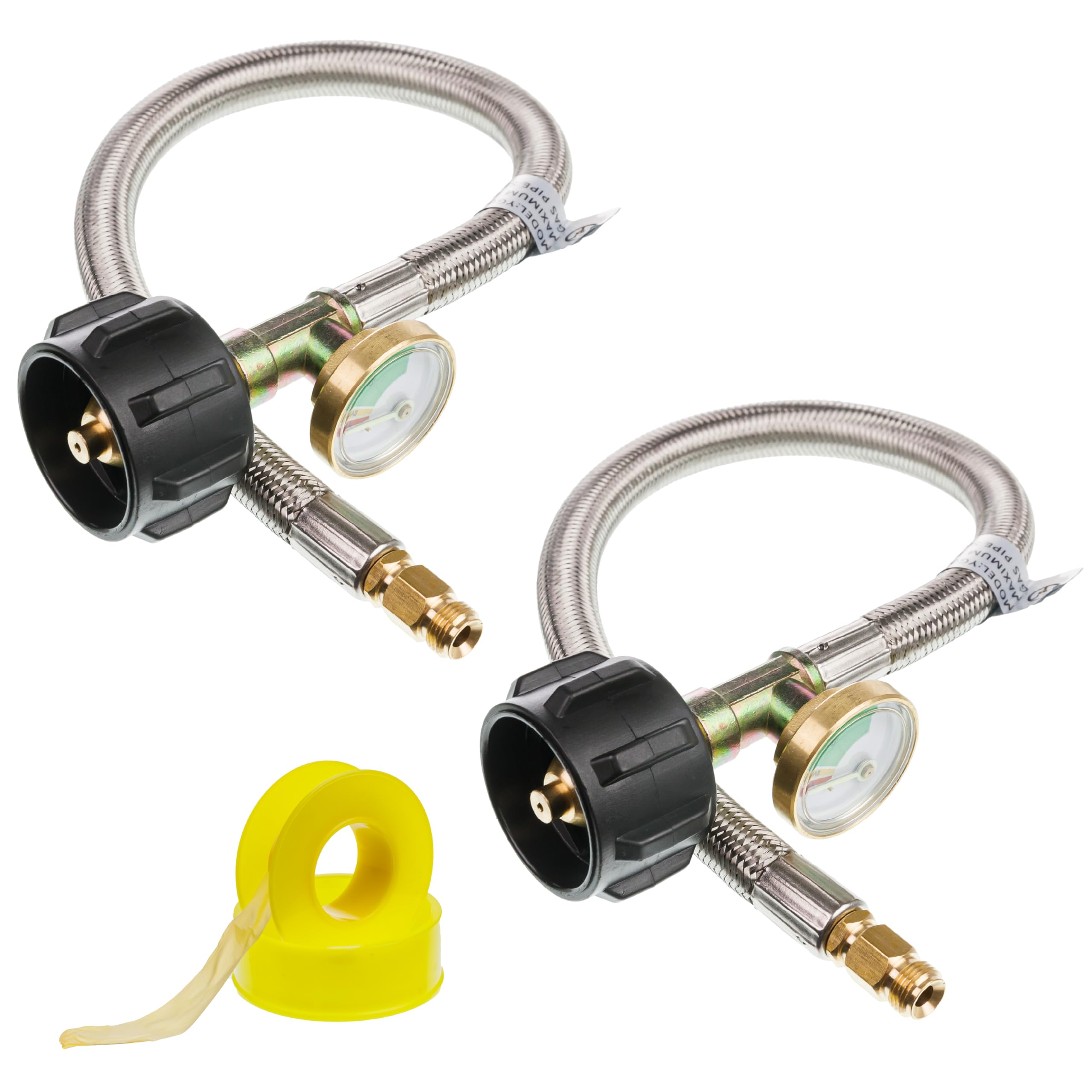 Photo 1 of [1/4” Inverted Male Flare] BlueStars 15 inch RV Propane Hoses with Gauge - Connects QCC1, Stainless Steel Braided Camper Propane Pigtail for 5lb - 40LB Tank to 2-Stage Regulator - 2 Pack, with Tape