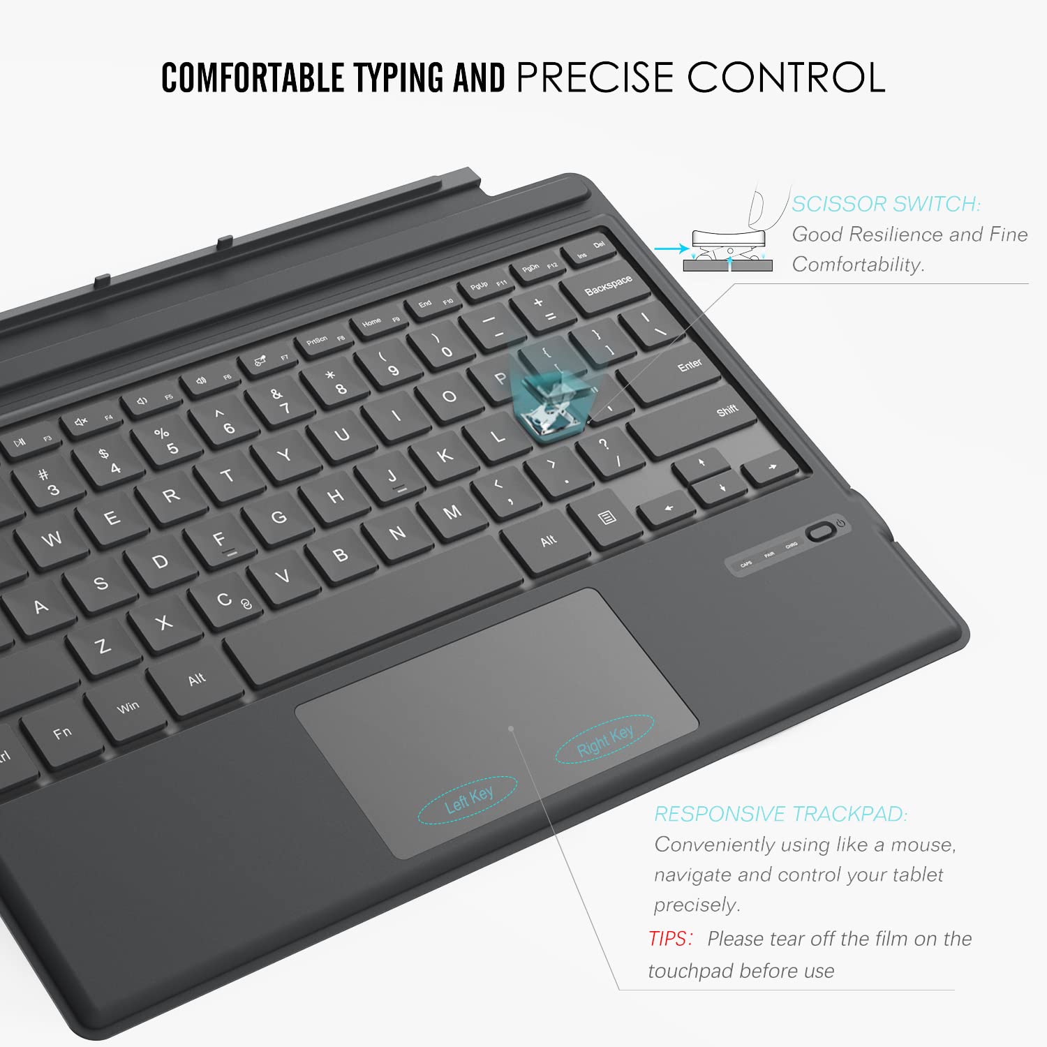 MoKo Type Cover Compatible for Microsoft Surface Pro 7 Plus/Pro 7 / Pro 6 / Pro 5 / Pro 4 /Pro 3, Lightweight Slim Wireless Bluetooth Keyboard with Touchpad and Built-in Rechargeable Battery, Gray