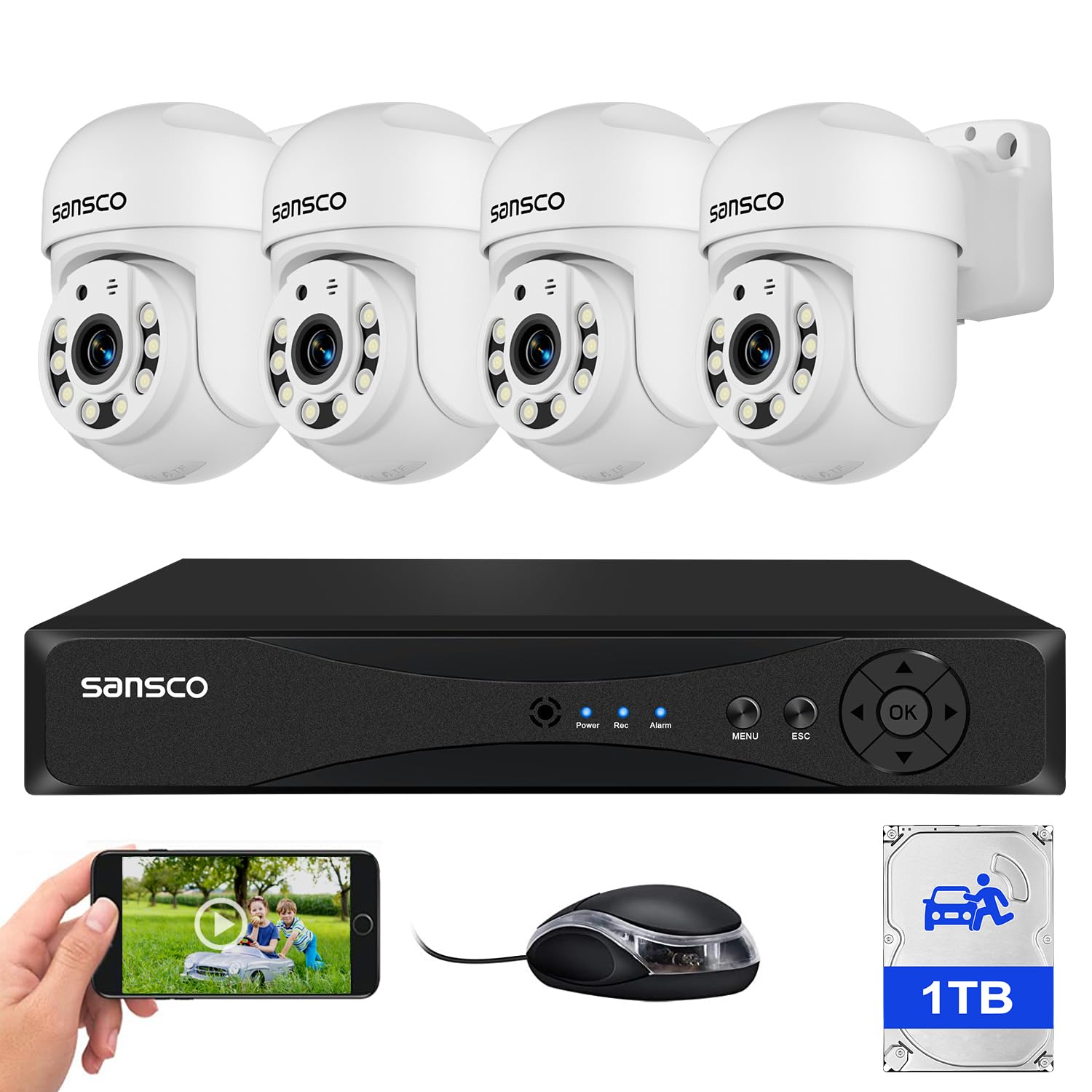 SANSCO Audio Recording, 3K Wired CCTV Camera System Outdoor, 8 Channel DVR 1TB Hard Drive, 4 x 5MP Home PT 360° View Rotating Security Camera, Night Vision, Human/Vehicle Detection, Email/App Alert