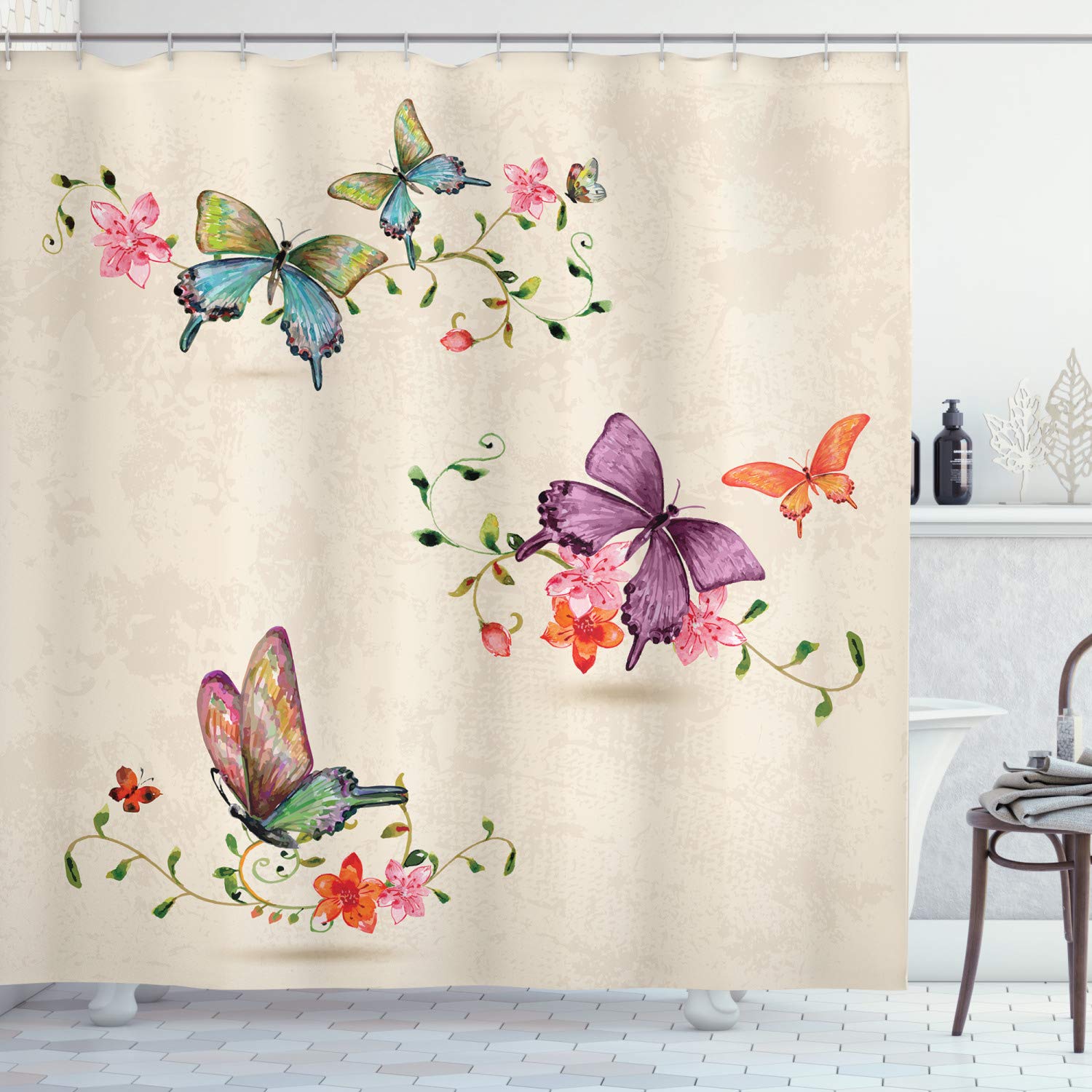 ABAKUHAUS Butterfly Shower Curtain, Butterfly Pattern on Vintage Style Background Wings Moth Transformation, Cloth Fabric Bathroom Decor Set with Hooks, 94 Inches, Multicolor