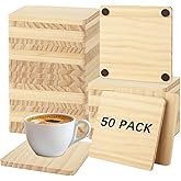 DAJAVE 50 Pack Unfinished Wood Coasters, 4 Inch Square Wooden Coasters for Crafts with Non-Slip Silicon Dots, Wood Coasters Bulk for DIY Stained Painting Wood Engraving Home Decoration