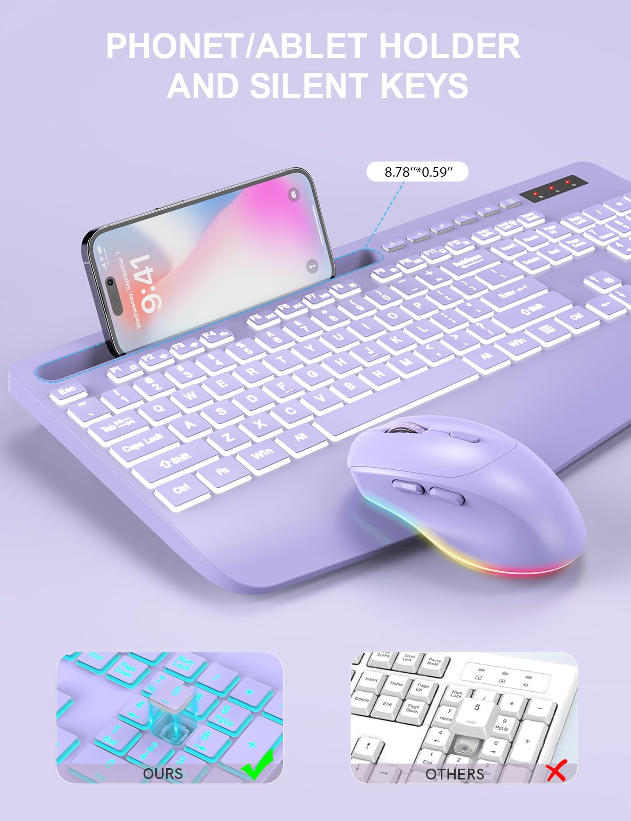 Wireless Keyboard and Mouse Combo - 7Color Backlit, Wrist Rest, Rechargeable, Silent Light Up Keys, Ergonomic Full Size with Phone Holder for Windows, Mac, PC, Laptop, PC - Trueque (Purple)