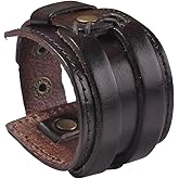Zysta Wide Wrist Cuff Bracelet Punk Gothic Biker Mens Genuine Leather 7.5"-8.3" Unisex Cool Wristband Bangle Rocker Cosplay Costumes Black, Brown