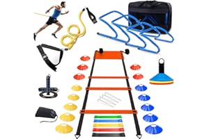 Haootadiy Agility Training Equipment, Football Training Equipment Includes 20FT Agility Ladder,4 Adjustable Agility Hurdles, 12 Football Cones, Parachute, for Training Soccer Basketball Athletes