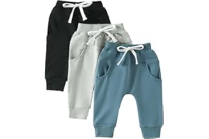 Pivanzore Toddler Baby Boys Girls Sweatpants 3 Pack Solid Color Elastic Waist Bottom Pants Newborn Infant Trousers